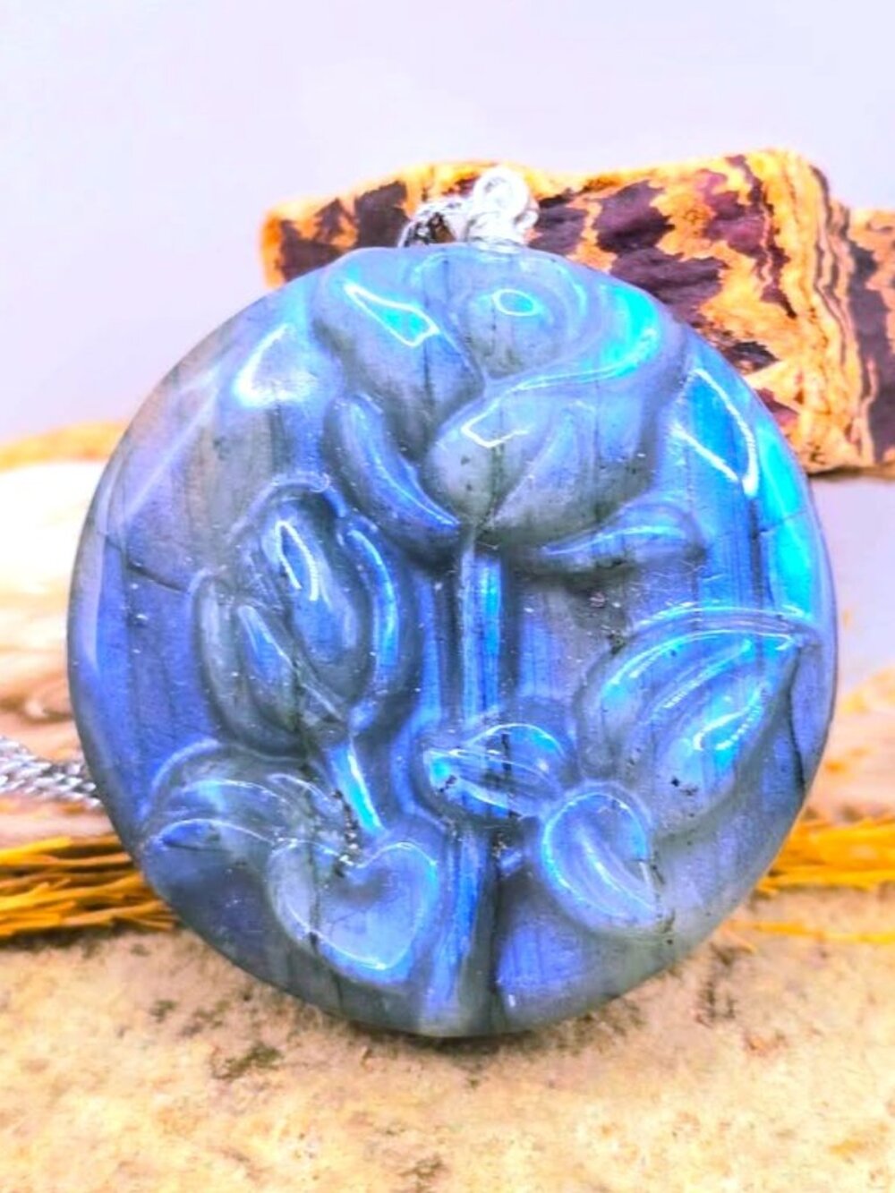 Labradorite Rose Carving Pendant • 1.5" Double Rose Necklace • Crystal Angel